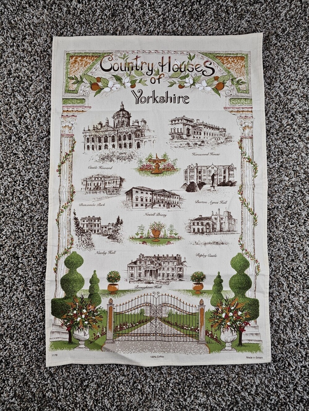 "Country Houses of Yorkshire" tea towel w/illustrations of historic landmarks